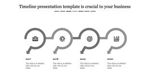A minimal timeline with four purple arrow loops featuring icons for each year milestone each with caption areas.
