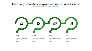 Timeline PPT design slide with green circular markers and arrows for the years 2017 to 2020, featuring icons for milestones.