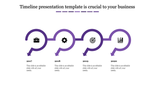 Business timeline slide featuring colorful arrow shapes and icons for each milestone placed in a white background.