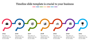 Ascending timeline with purple year markers and captions on a minimalist architectural grid background.