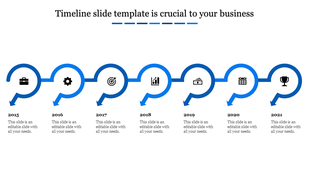 Seven step timeline from 2015 to 2021 with blue circular arrows and business-related icons placed in a white backdrop.
