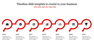 Red themed timeline PowerPoint slide with circular markers for the years 2015 to 2021, featuring business related icons.