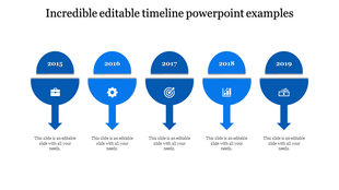 A PowerPoint timeline slide featuring blue circular markers for 2015 to 2019, each with a corresponding icon and captions.