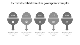 Grayscale timeline featuring five semi circle markers, with arrows pointing down, and icons representing different years.
