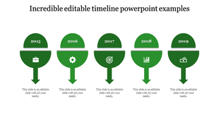 Horizontal timeline template with five red semicircles labeled 2015 to 2019, each connected to icons and captions below.