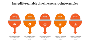 A PowerPoint timeline design with orange markers representing the years 2015 to 2019 and corresponding icons.