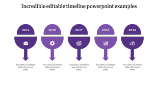 Purple themed business timeline with five sections, featuring circular elements, and downward arrows for each year.