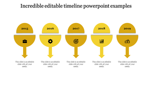A PowerPoint timeline design with yellow markers representing the years 2015 to 2019 and corresponding icons.