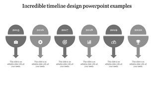 A timeline slide design showcasing the years 2015 to 2020 with different gray icons for each year with placeholder text.