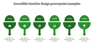 Six step green timeline infographic with semi circle markers, arrows, and icons for years from 2015 to 2020.