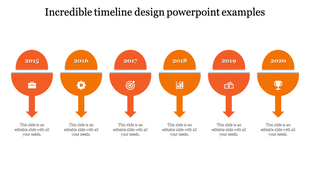 Yellow semicircle timeline displaying years 2015 to 2020, linked to business icons and descriptive captions.