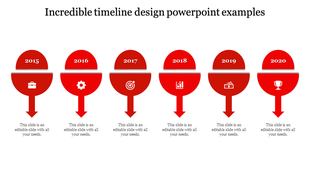 Structured timeline with six red circular markers, downward arrows, and milestone years from 2015 to 2020.