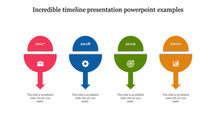 Infographic slide with a sequential timeline from 2017 to 2020, using red, blue, green, and orange half circle elements.