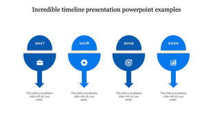 Infographic slide featuring a four step blue timeline, highlighting years and key symbols for each stage.