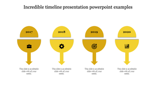 A yellow themed timeline PowerPoint slide with four stages, each representing the year 2017 to 2020 with corresponding icons.