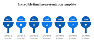 Seven step orange timeline from 2015 to 2021 with icons and downward arrows under each year placed in the white background.