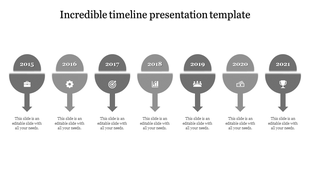 A grey themed timeline presentation template with seven stages from 2015 to 2021, each represented by a circular icon.