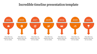 Yellow semicircle timeline showing years 2015 to 2021, each with an icon and downward arrow placed in the white background.