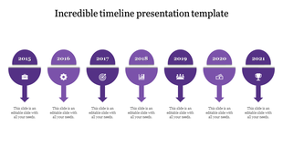 A timeline presentation template with seven years from 2015 to 2021, each represented by a purple circular marker and icon.