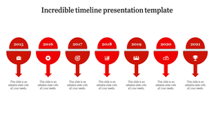 Timeline with seven red half circle icons for each year, representing business milestones with arrows pointing down.