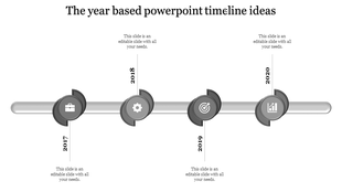 A professional timeline slide in grayscale, covering the years 2017 to 2020, with icons for work, settings, goal, and growth.