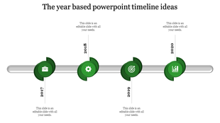 Horizontal timeline with a silver bar, featuring four green circular icons and years from 2017 to 2020.