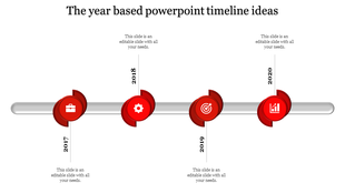 Timeline infographic with four red circular icons along a gray horizontal line, representing years 2017 to 2020.