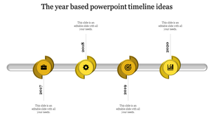 Vertical timeline with purple flags marking milestones from 2020 to 2023, linked to icons and caption areas.