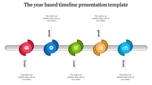 Colorful timeline with circular markers in red, blue, green, orange, and teal, connected by a silver bar from 2015 to 2019.