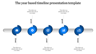 Blue themed year based timeline PowerPoint template from 2015 to 2019, with icons representing business milestones.