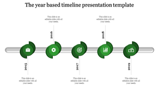 Red circular markers on a timeline for years 2015 to 2019 with icons like briefcase, gear, target, graph, and wallet.