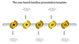 Timeline PPT slide with yellow icons representing key milestones in business from 2015 to 2019 and placeholder text.