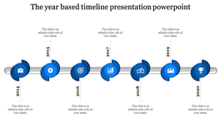 Timeline presentation template with blue icons and years from 2014 to 2020, highlighting important business milestones.