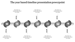 Grayscale horizontal timeline with circular icons and vertical year markers from 2014 to 2020 on a silver bar.