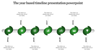 Red themed timeline with circular icons and vertical year labels from 2014 to 2020 along a silver bar.