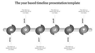 Timeline slide with years marked 2015 to 2020, each year accompanied by a relevant grey icon and text placeholders.