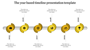 Timeline slide featuring six yellow milestone markers, on a silver bar, and labeled years from 2015 to 2020.