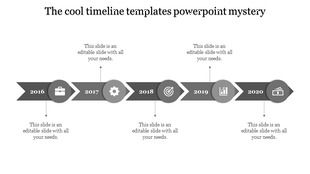 A cool timeline PPT slide in grey, with years from 2016 to 2020, each year associated with an icon and placeholder text.