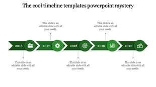 Modern timeline side with five green arrows, featuring circular icons, and a yearly flow from 2016 to 2020.