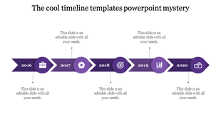 A cool timeline PPT slide in purple, with years from 2016 to 2020, each year associated with an icon and placeholder text.
