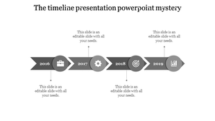 A cool timeline slide with milestones from 2016 to 2019, featuring vibrant arrows and grey icons with placeholder text.