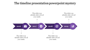 A cool timeline slide with milestones from 2016 to 2019, featuring vibrant arrows and purple icons with placeholder text.