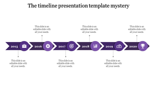 Purple themed timeline infographic with six milestones in directional arrows, and black icons on a white background.