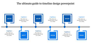 Horizontal blue timeline with square markers from 2016 to 2021, connected by a gray line with diamond shaped nodes.