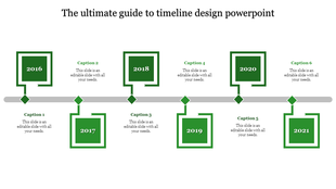 Timeline design PowerPoint slide with green square markers for the years 2016 to 2021, each with a caption.