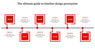 Timeline design PowerPoint slide with red square markers for the years 2016 to 2021, each with a caption.