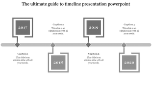 Timeline PowerPoint slide with milestones from 2017 to 2020, each marked with grey square markers and captions.