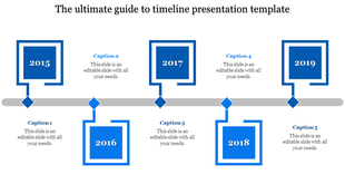 Horizontal timeline with orange square nodes, diamond connectors, and alternating text placeholders for each year.