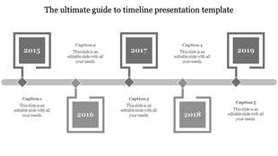 Timeline presentation template with five grey boxes each containing a year and caption, connected by a line path.
