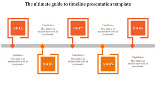 Horizontal timeline with yellow square nodes, diamond connectors, and alternating text placeholders for each year.